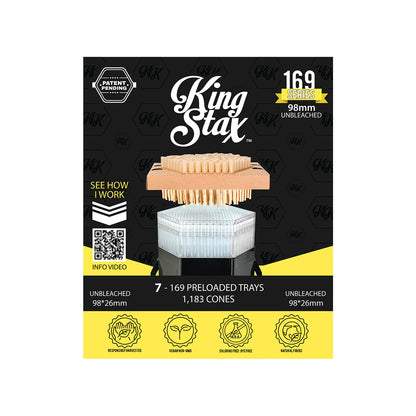 King Stax 169 Series 98mm unbleached pre-loaded cones box, 7 trays, 1,183 cones