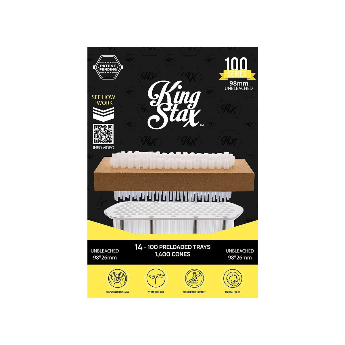 King Stax 100 Series 98mm unbleached pre-loaded cones box, 1,400 cones