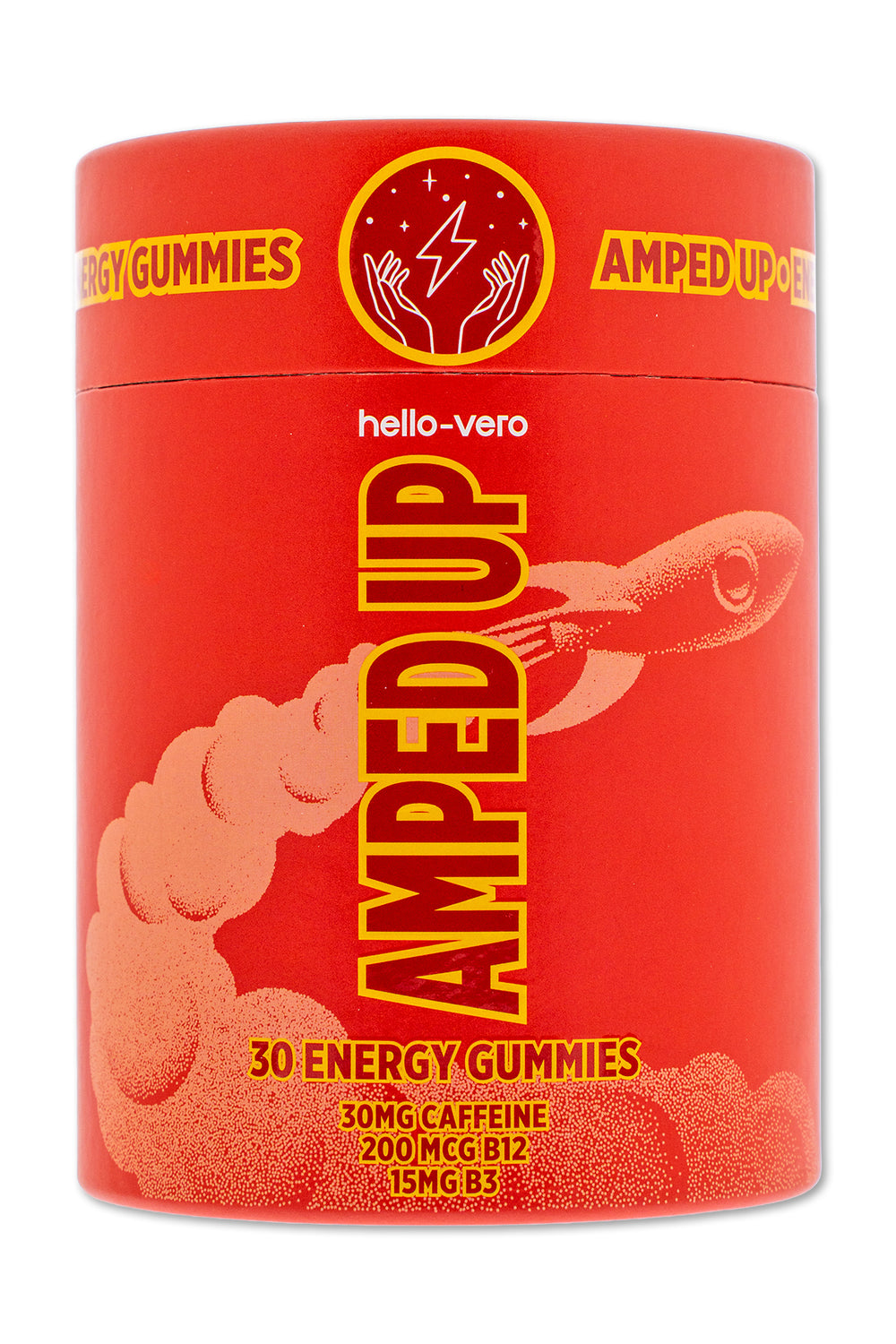 Amped Up energy boost gummies bottle by Hello Vero with natural caffeine, B vitamins and adaptogens