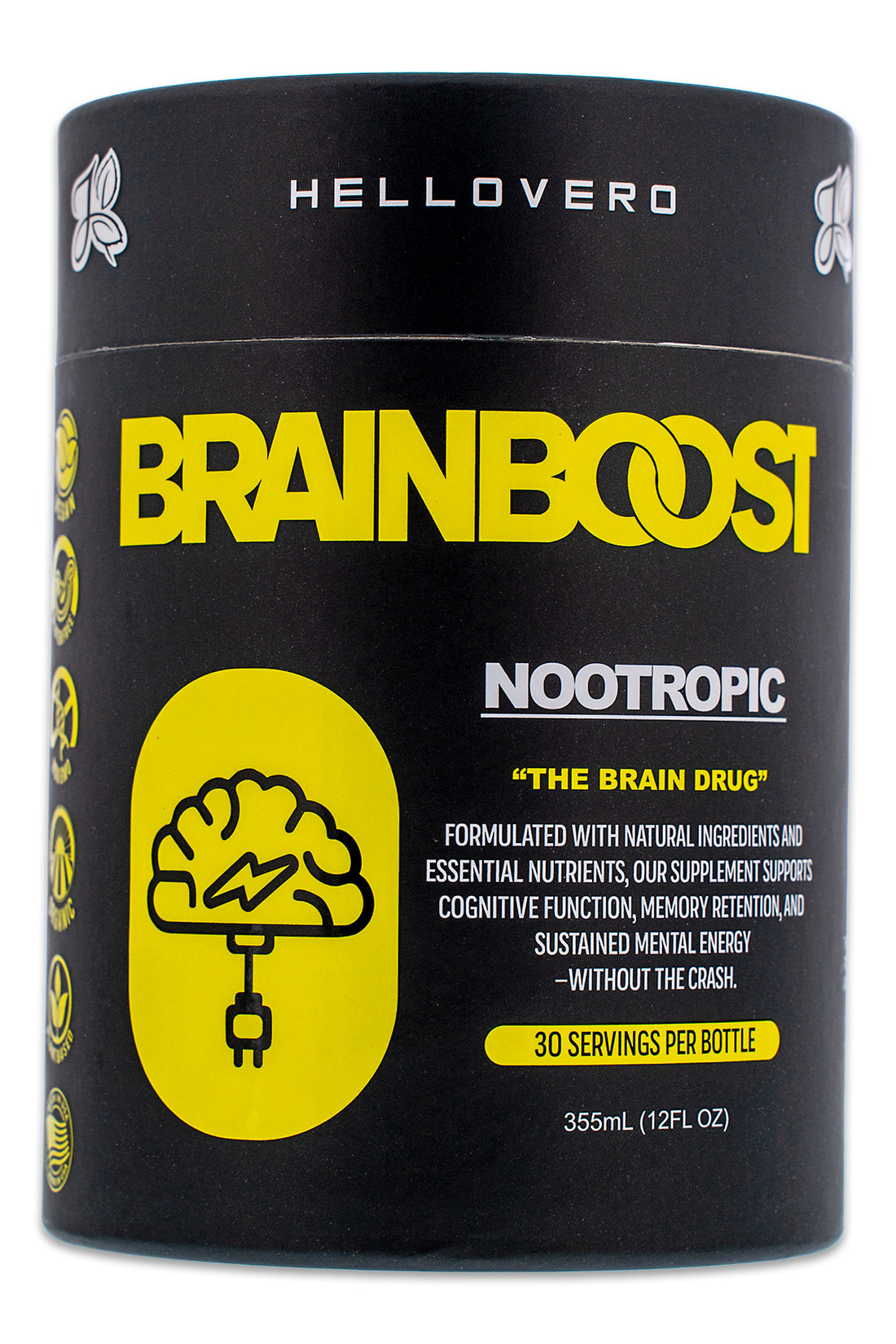 BrainBoost mental clarity gummies bottle by Hello Vero with Ginkgo Biloba, Ashwagandha, Holy Basil and L-Theanine