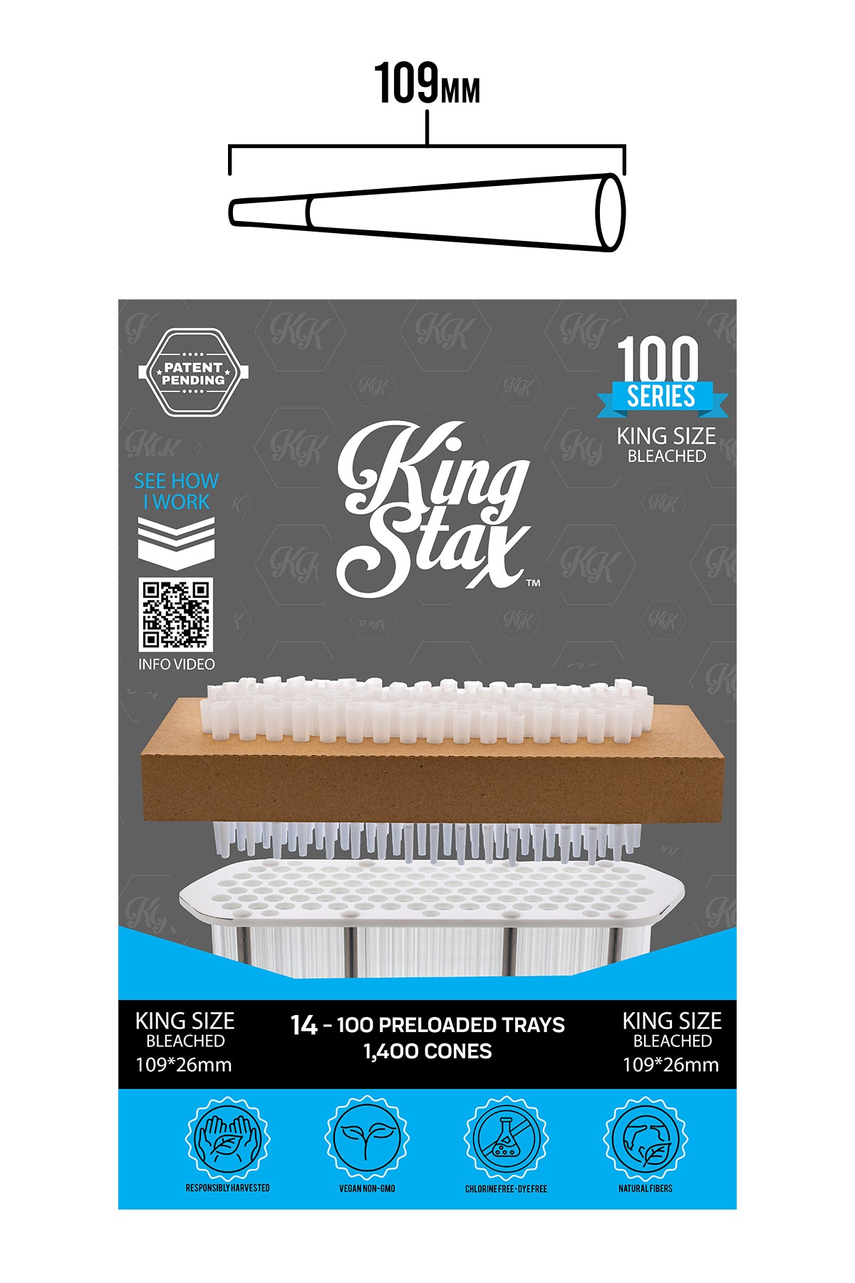 King Stax 100 Series – 109MM Cones (Unbleached) – 1,400 Cones/box