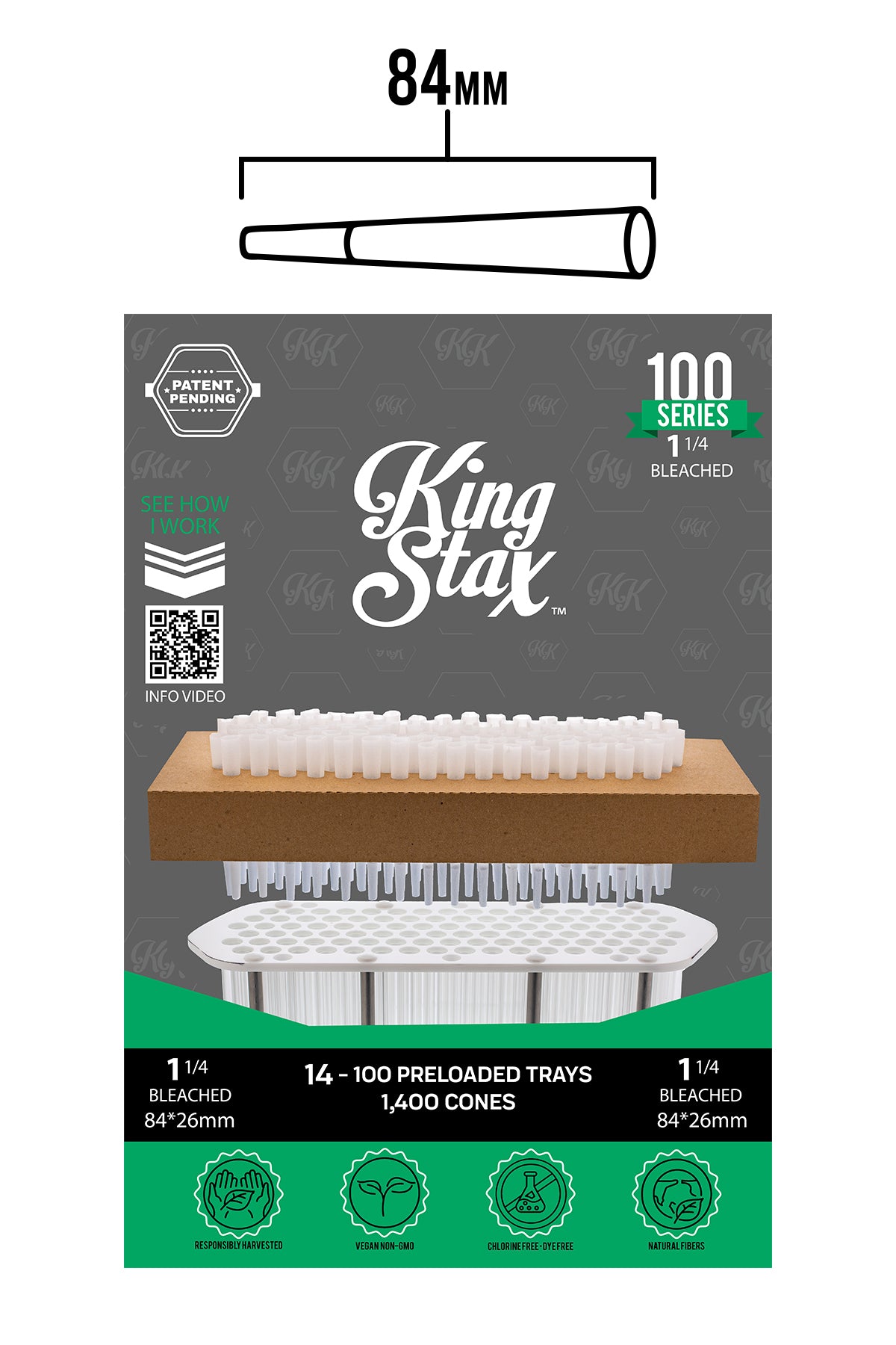 King Stax 100 Series – 84MM Cones (Bleached) – 1,400 Cones/box