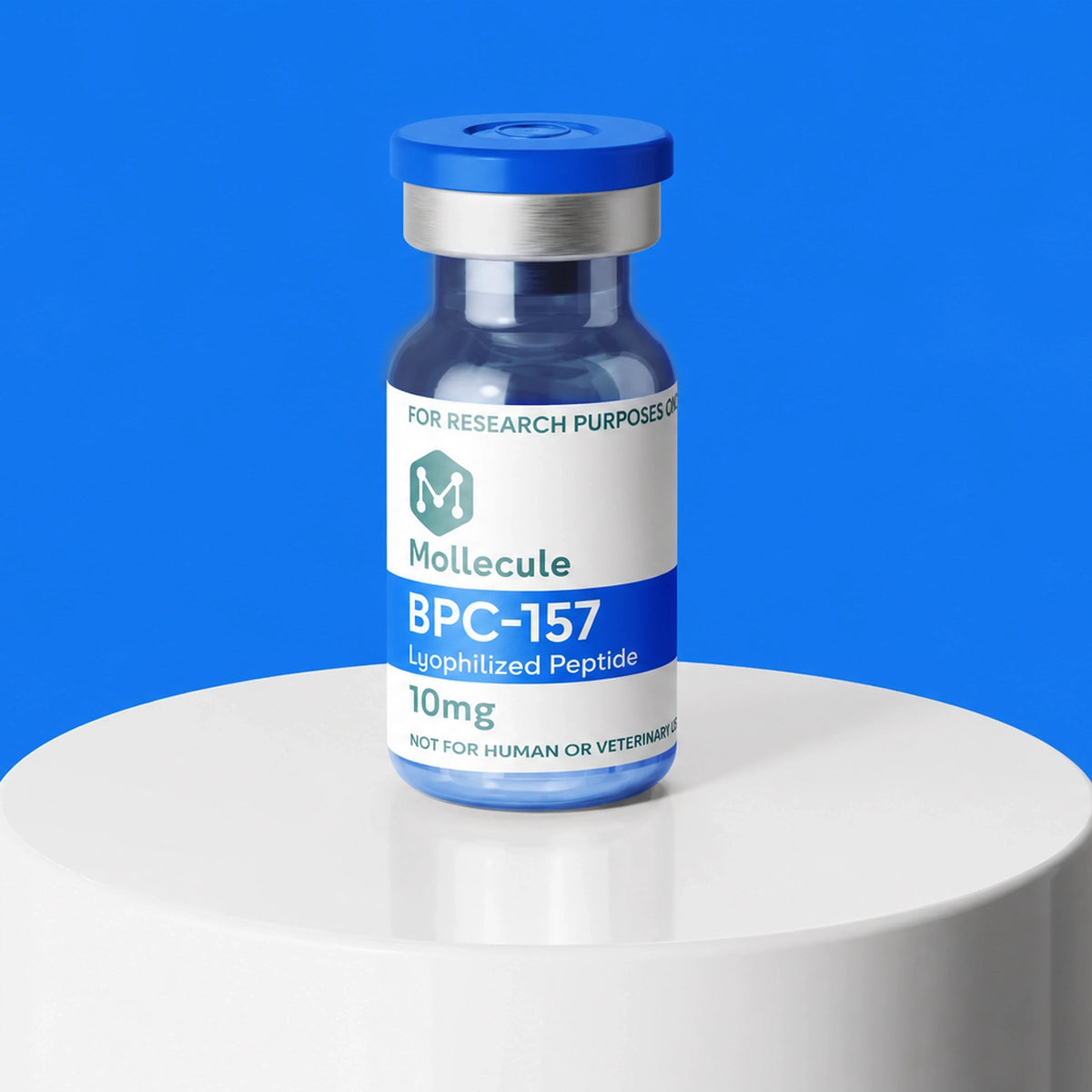 BPC-157 10mg vial — Molecule Peptides, vial on display stand
