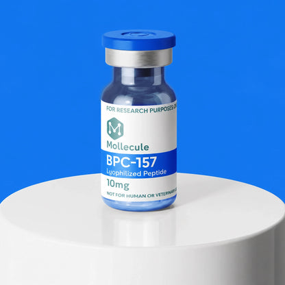 BPC-157 10mg vial — Molecule Peptides, vial on display stand