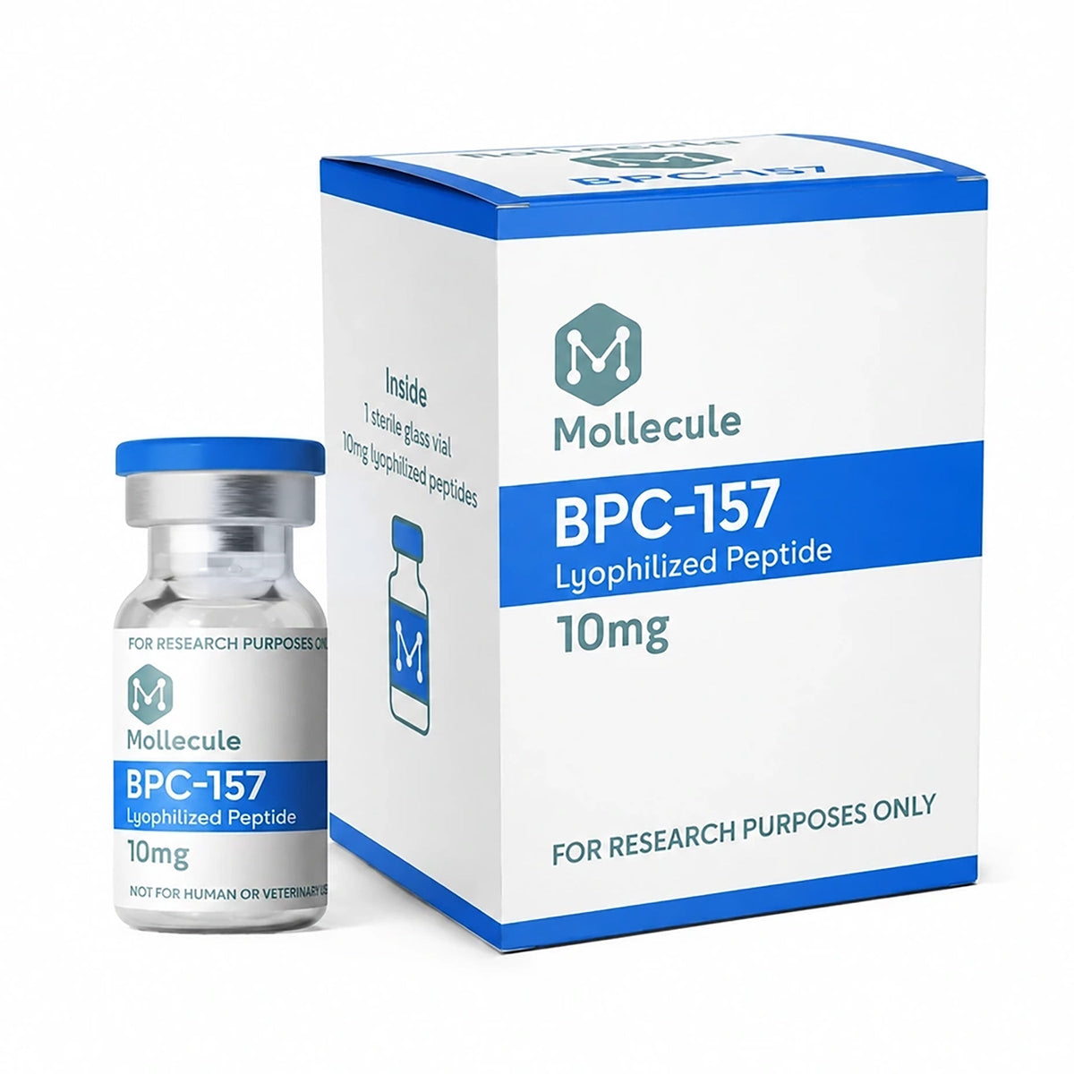 BPC-157 10mg vial — Molecule Peptides, box and vial