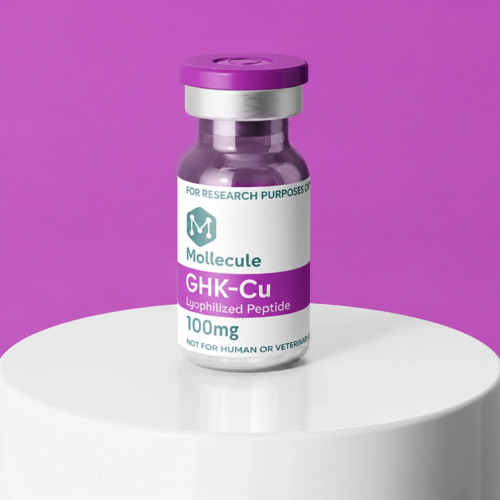 GHK-Cu 100mg vial — Molecule Peptides, vial on display stand
