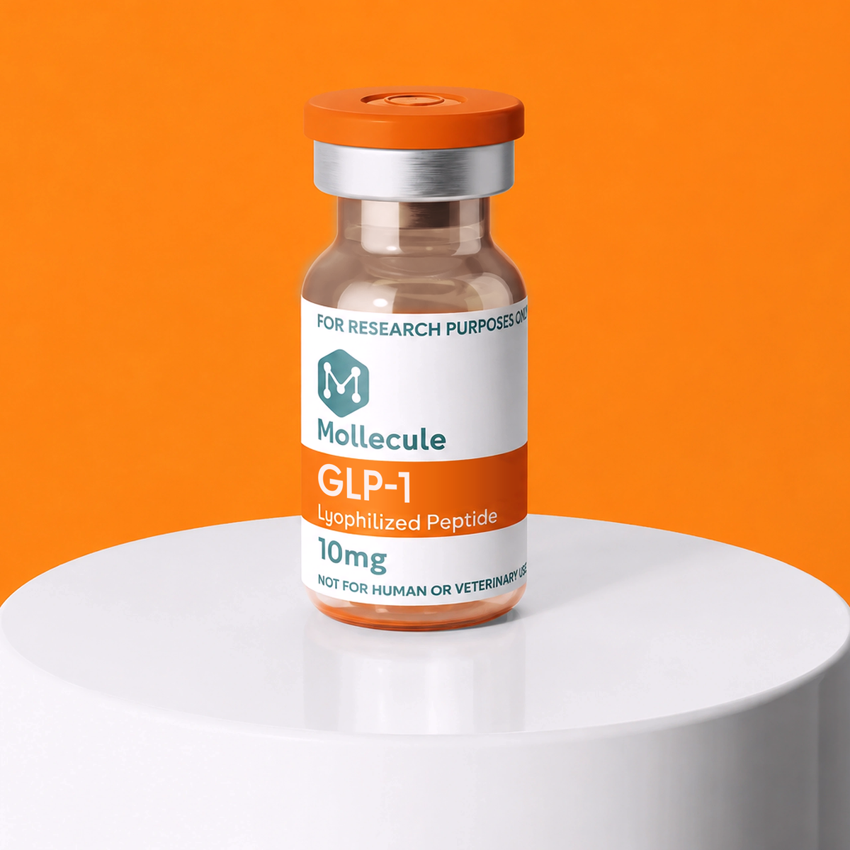 Semaglutide 10mg vial — Molecule Peptides, vial on display stand