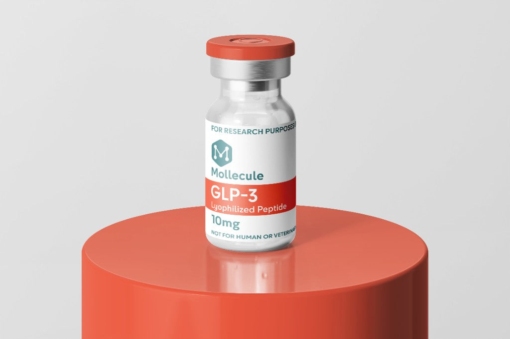 GLP-3 (Retatrutide) 10mg vial — Molecule Peptides, vial on display stand