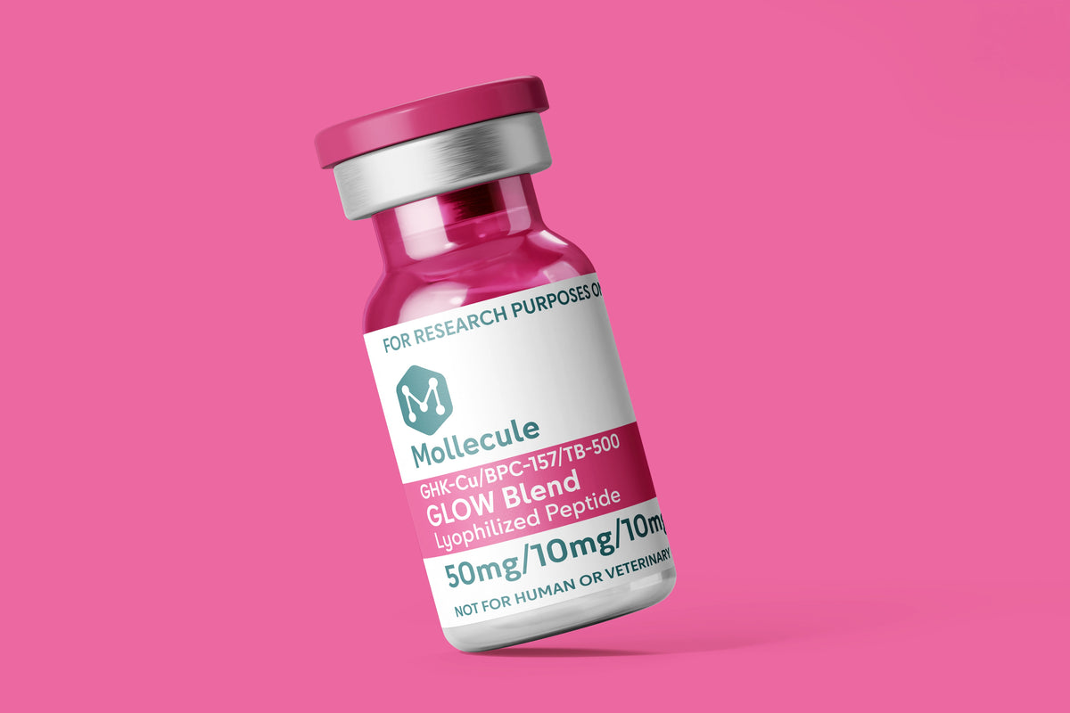 GLOW Blend (GHK-Cu / BPC-157 / TB-500) 50mg/10mg/10mg vial — Molecule Peptides, angled vial