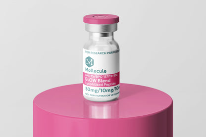 GLOW Blend (GHK-Cu / BPC-157 / TB-500) 50mg/10mg/10mg vial — Molecule Peptides, vial on display stand
