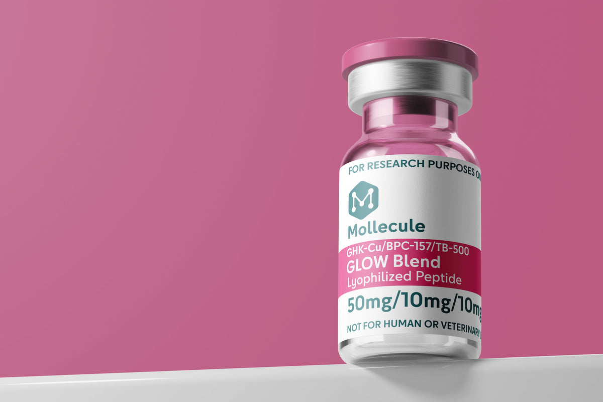 GLOW Blend (GHK-Cu / BPC-157 / TB-500) 50mg/10mg/10mg vial — Molecule Peptides, vial close-up