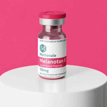Melanotan II 10mg vial — Molecule Peptides, vial on display stand