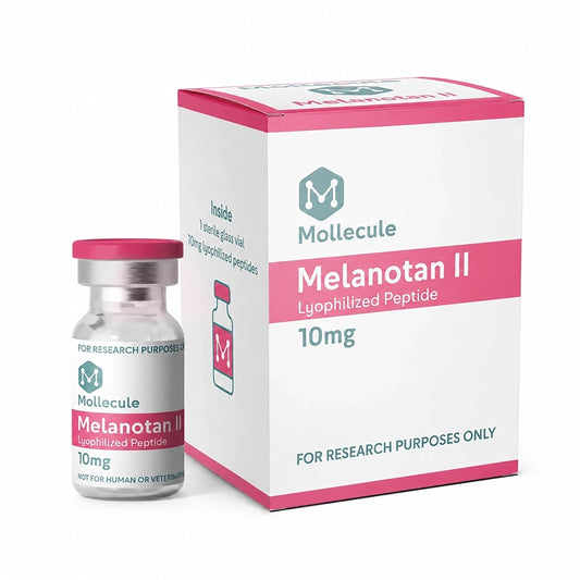 Melanotan II 10mg vial — Molecule Peptides, box and vial