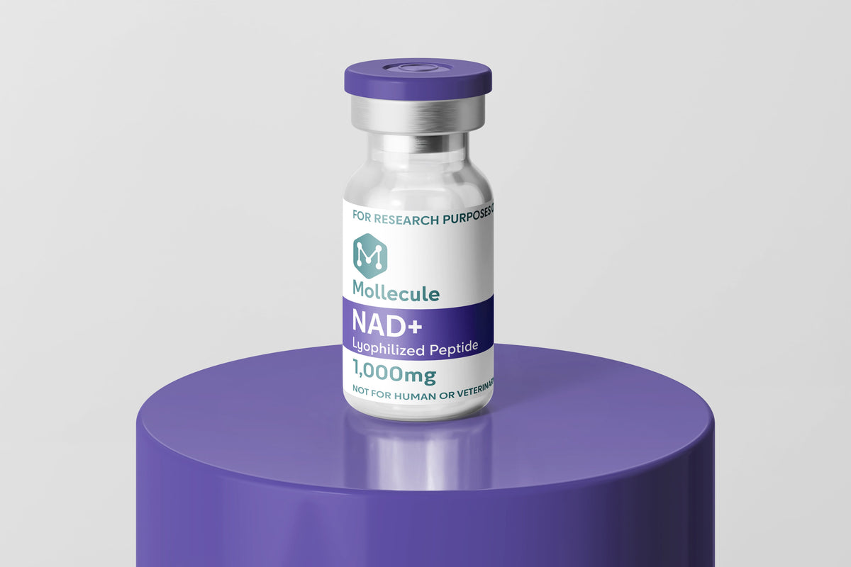 NAD+ 1,000mg vial — Molecule Peptides, vial on display stand