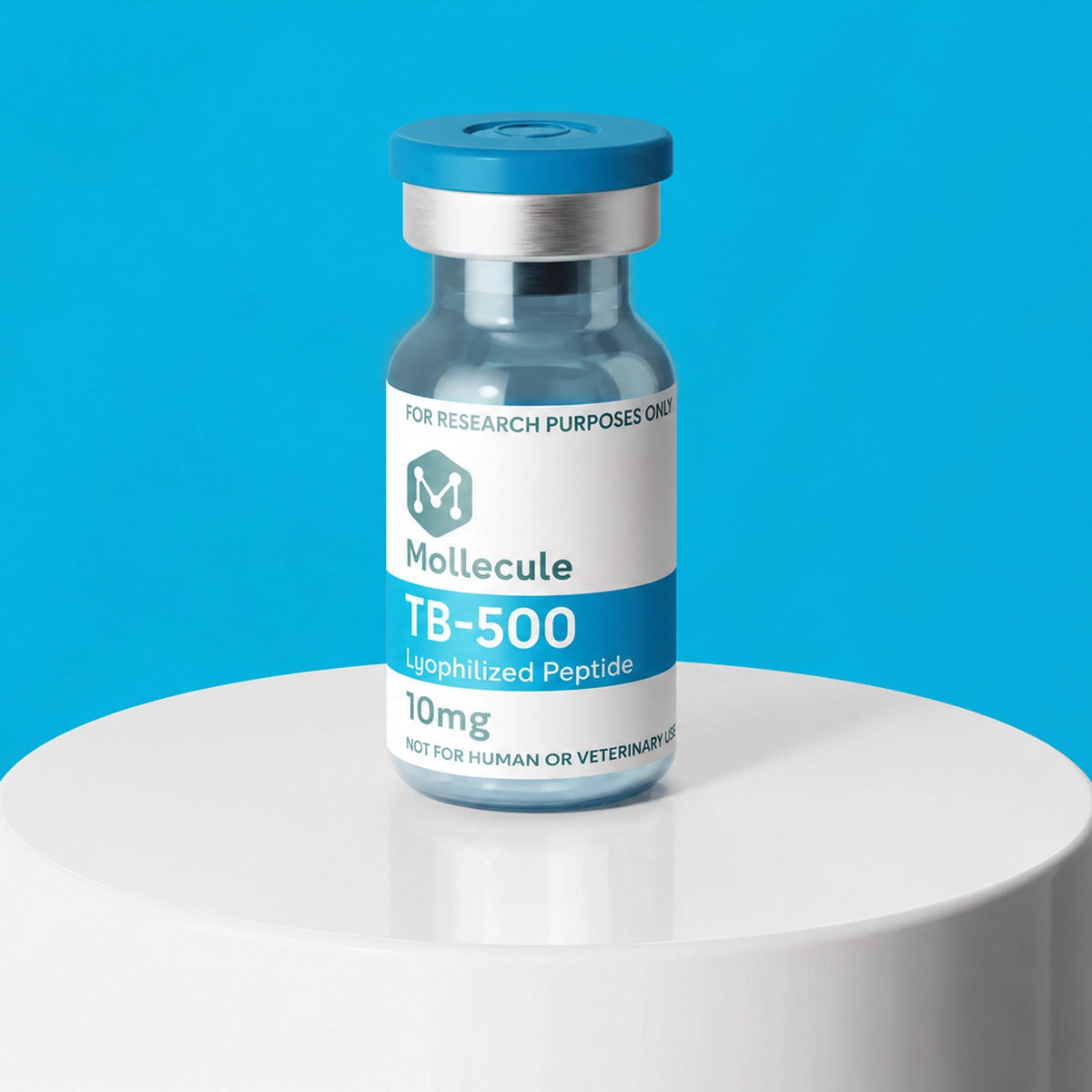 TB-500 10mg vial — Molecule Peptides, vial on display stand