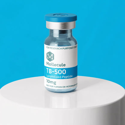 TB-500 10mg vial — Molecule Peptides, vial on display stand