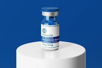 Wolverine Blend (BPC-157 / TB-500) 5mg/5mg vial — Molecule Peptides, vial on display stand