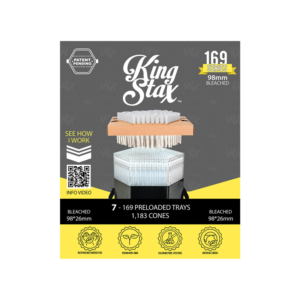 King Stax 169 Series 98mm bleached pre-loaded cones box, 7 trays, 1,183 cones