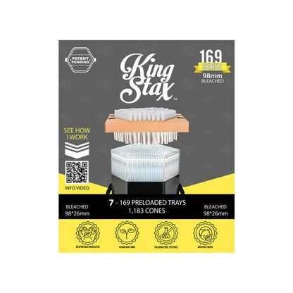 King Stax 169 Series 98mm bleached pre-loaded cones box, 7 trays, 1,183 cones