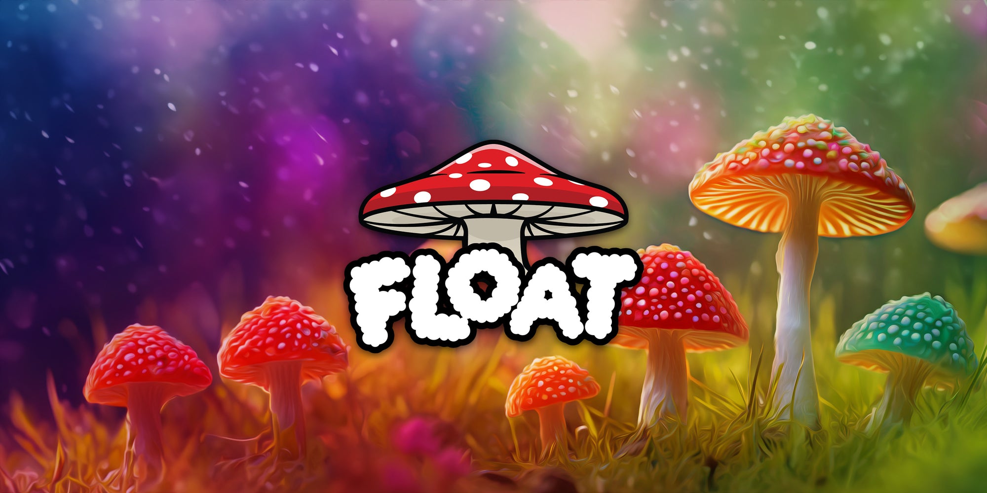 FLOAT gummies and candy banner with mushrooms