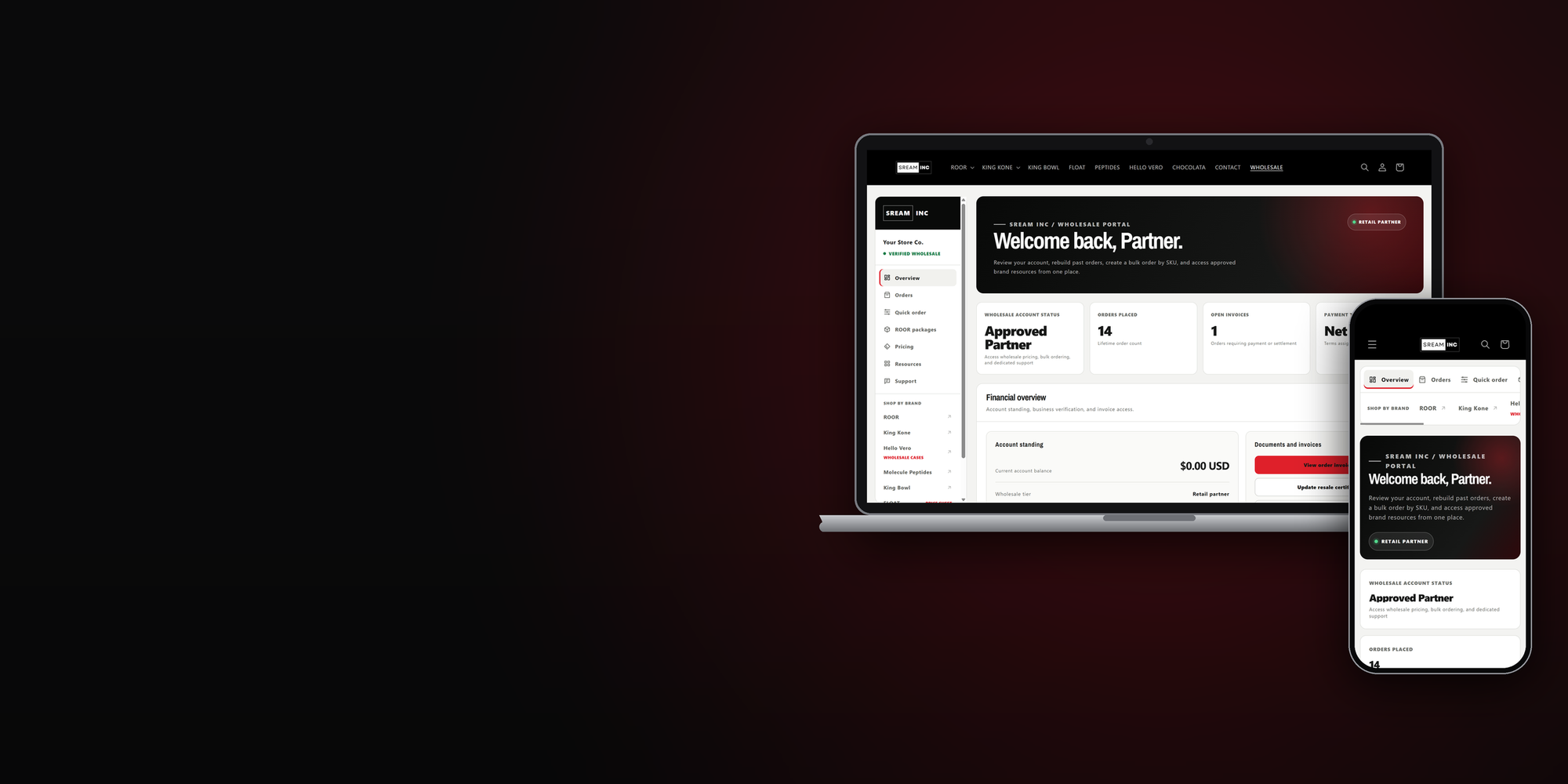 SREAM wholesale dashboard on laptop and phone for reorders, bulk orders and order tracking